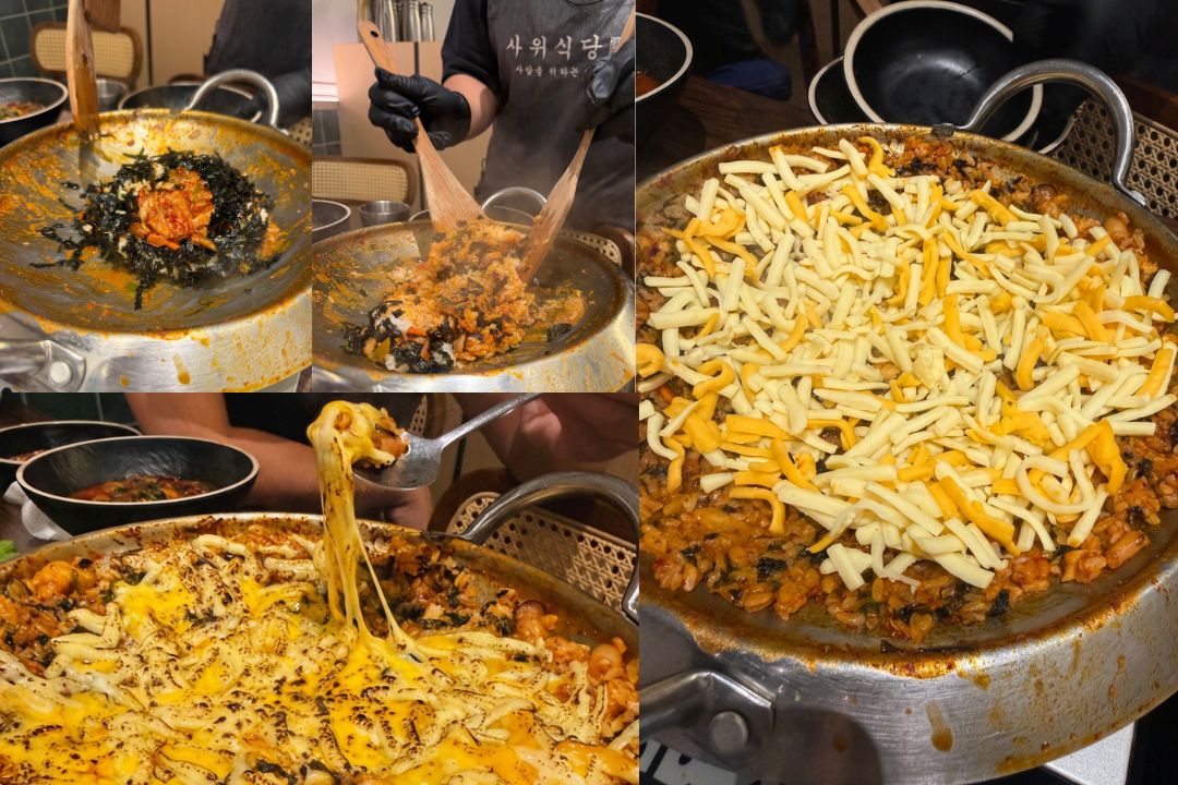 釜山三味食堂店員桌邊拌炒韓式起司炒飯過程組圖,將白飯與海苔倒入章蝦鍋底拌勻、鋪上厚厚雙色莫札瑞拉起司條,經炙燒後湯匙挖起金黃牽絲的誘人特寫。 釜山三味食堂店員桌邊拌炒韓式起司炒飯過程組圖,將白飯與海苔倒入章蝦鍋底拌勻、鋪上厚厚雙色莫札瑞拉起司條,經炙燒後湯匙挖起金黃牽絲的誘人特寫。
