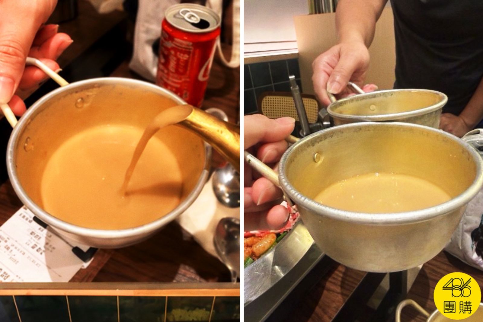 釜山三味食堂特色解膩飲品金壺穀物飲,使用韓式復古傳統金銅壺倒出冰涼香濃的炒穀物甜飲至小金碗中。 釜山三味食堂特色解膩飲品金壺穀物飲,使用韓式復古傳統金銅壺倒出冰涼香濃的炒穀物甜飲至小金碗中。