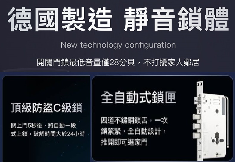 486團購 Arpha T1採用德國製靜音鎖體,配備頂級防盜C級鎖與四道自動鎖舌,靜音又穩固