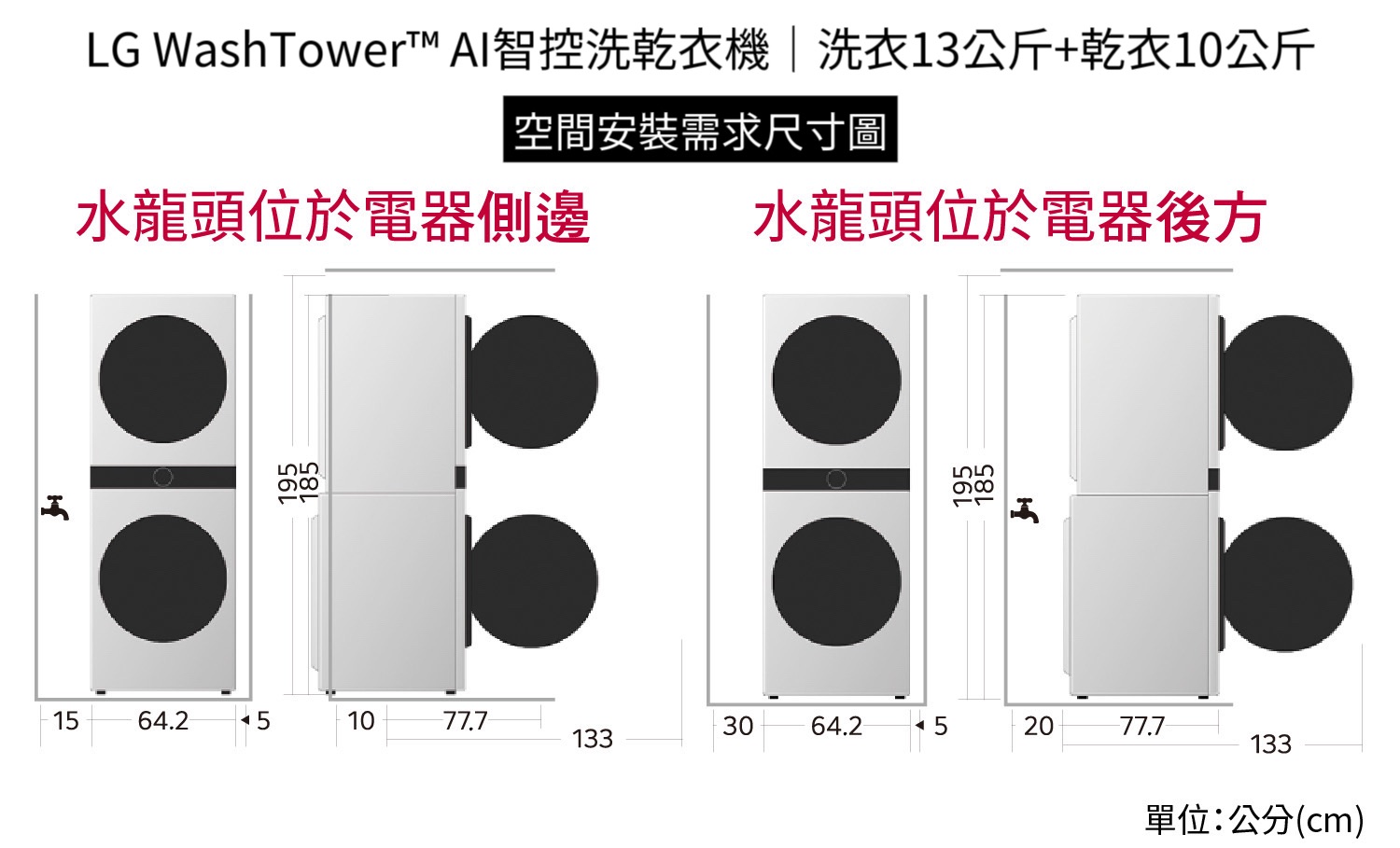 486團購 LG家電租賃 WashTower 13kg+10kg 空間安裝需求尺寸與水龍頭位置配置圖