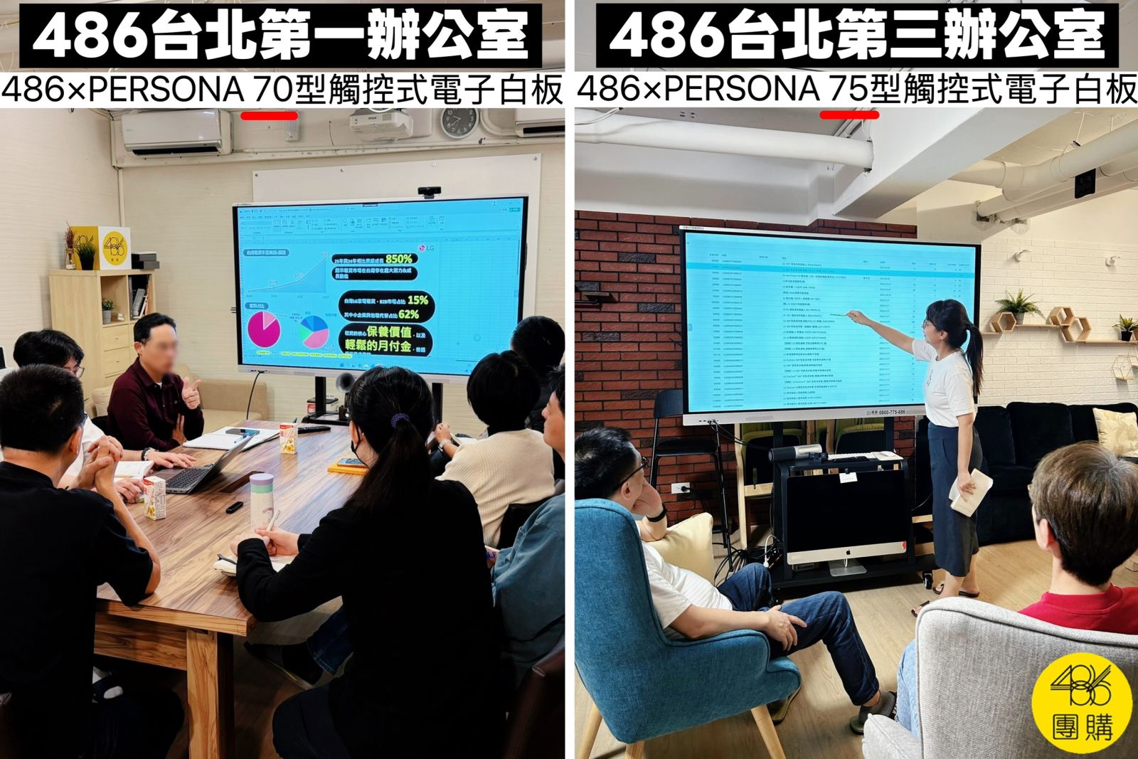 486 台北第一與第三辦公室實測:展示 486 PERSONA 70型與 75型觸控式電子白板。大螢幕顯示報表數據清晰不糊,展現 486 商務通產品在真實商務會議中的高效表現。